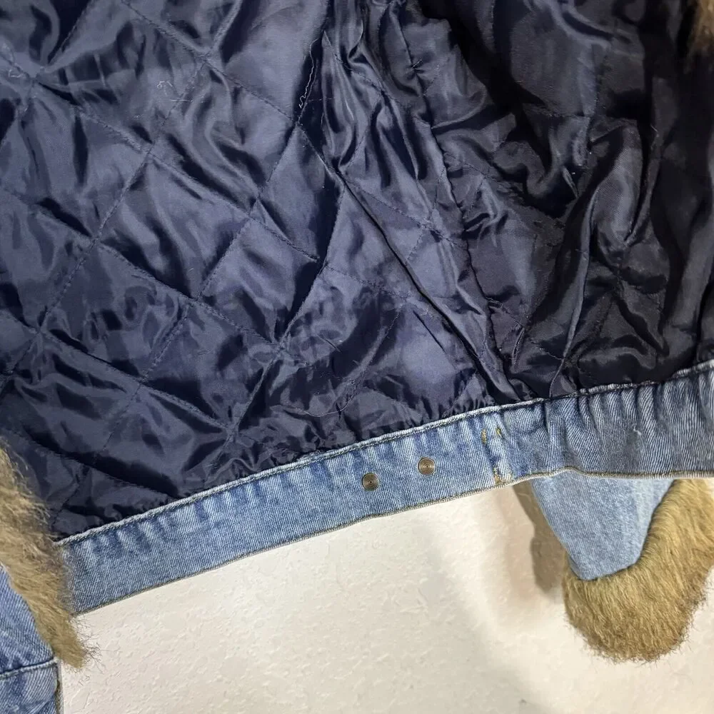One Tuff Babe Denim Jacket Faux Fur Trim Blue Woman Size L Button Close‎ - Picture 4 of 11